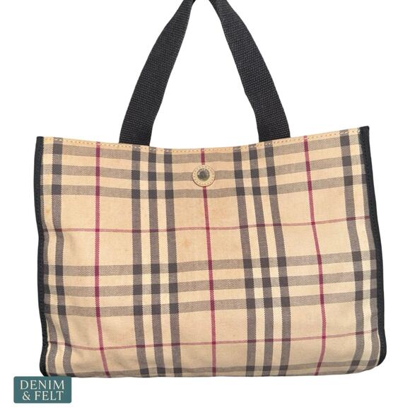 Burberry Nova Check Canvas Tote Bag Beige Black Red Plaid Shoulder Shopper Italy - Picture 2 of 14